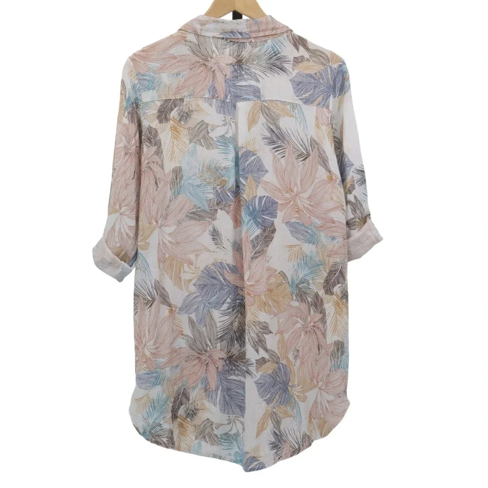 Rosemarine Linen Floral Shirt Dress Button Front Roll Tab Italy Size M - Picture 4 of 11